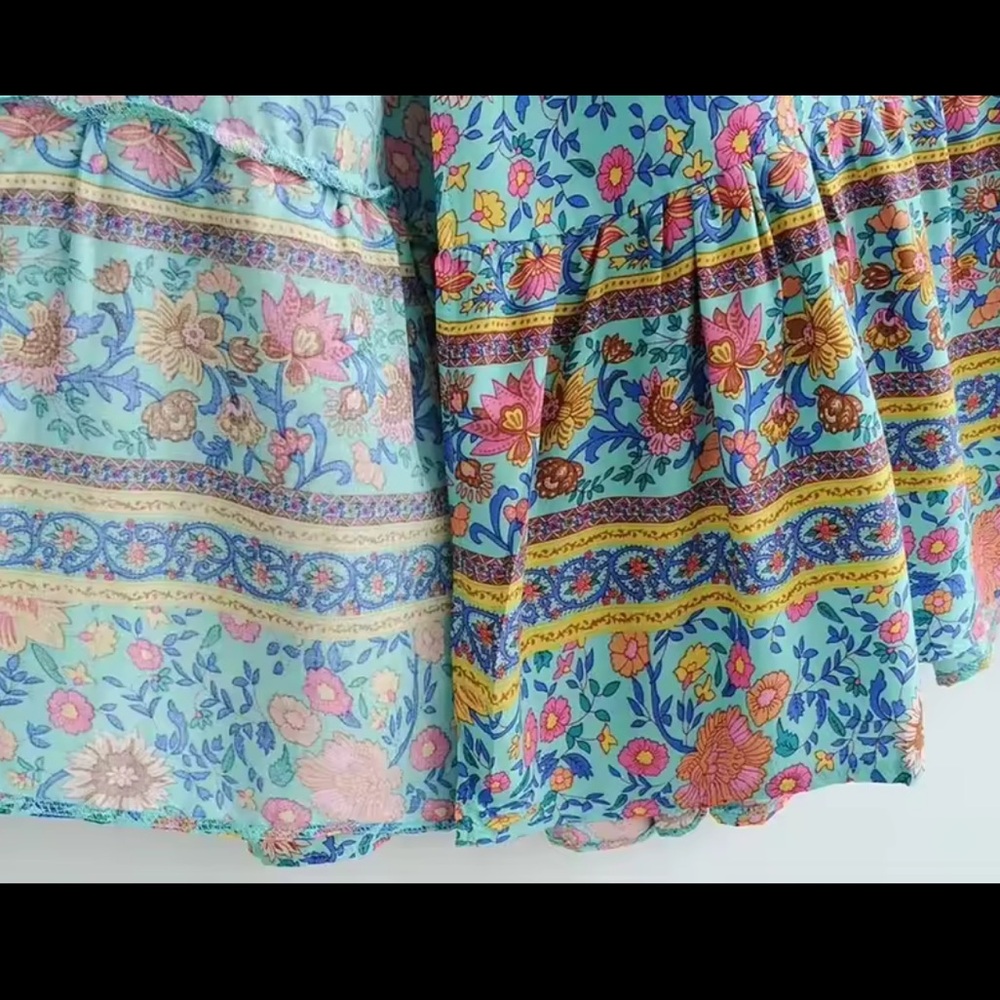 Boho, Floral Print, Summer, Spring Green, Blue, yellow Rockabilly, Cowgirl Dress - Picture 4 of 9